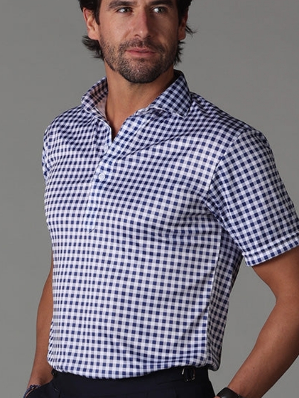 Colllars & Co Men's Navy Gingham Short Sleeve Polo Shirt NWT
